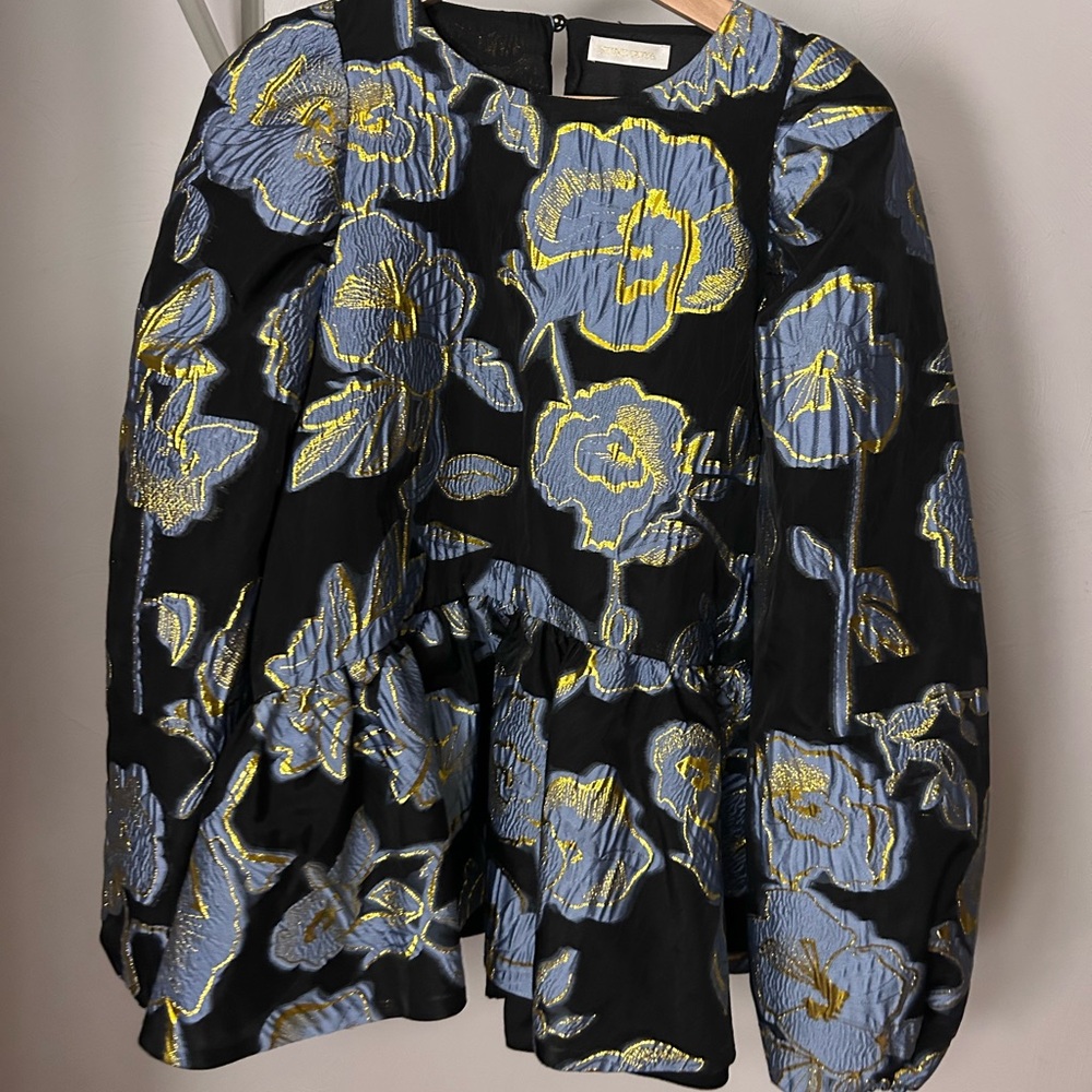 Stine Goya Metallic Floral Peplum Blouse | Black Blue Gold | Statement Top
